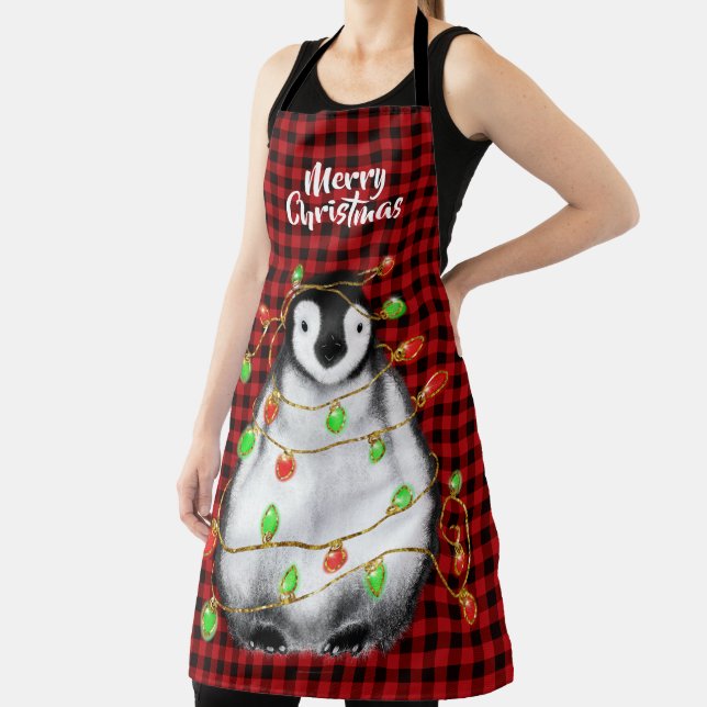 Festive Holiday Penguin, twinkle lights, red plaid Apron (Insitu)