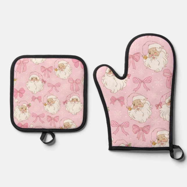Festive Holiday Pink Pastel Santa Oven Mitt & Pot Holder Set (Front)