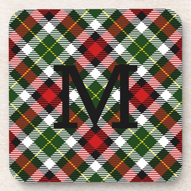 Festive Holiday Plaid Initial Red Green White Coaster (Front)