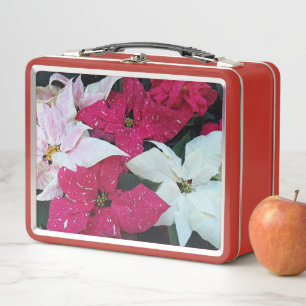Festive Holiday Poinsettias Floral Metal Lunch Box