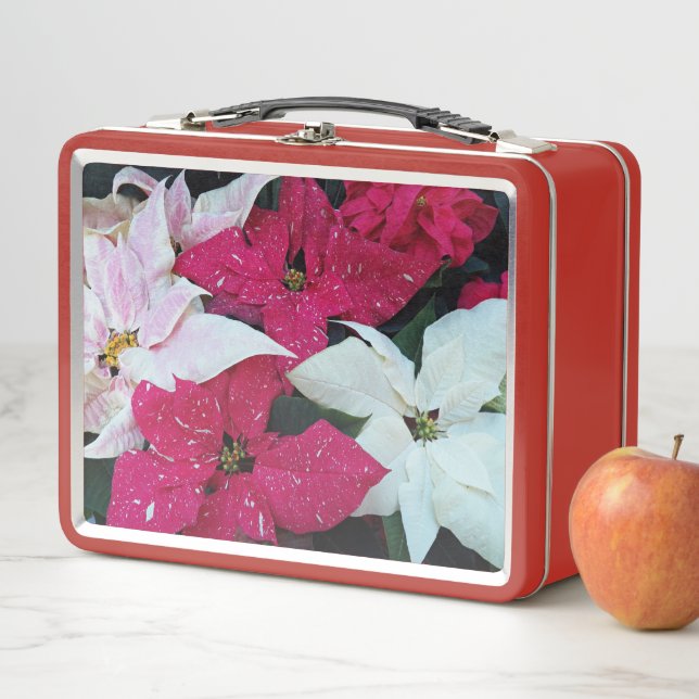 Festive Holiday Poinsettias Floral Metal Lunch Box (In Situ)