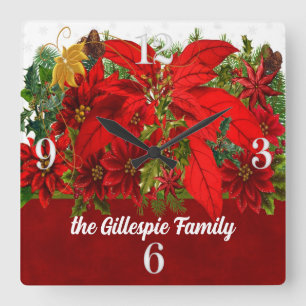 Festive Holiday Poinsettias with White Numbers Square Wall Clock
