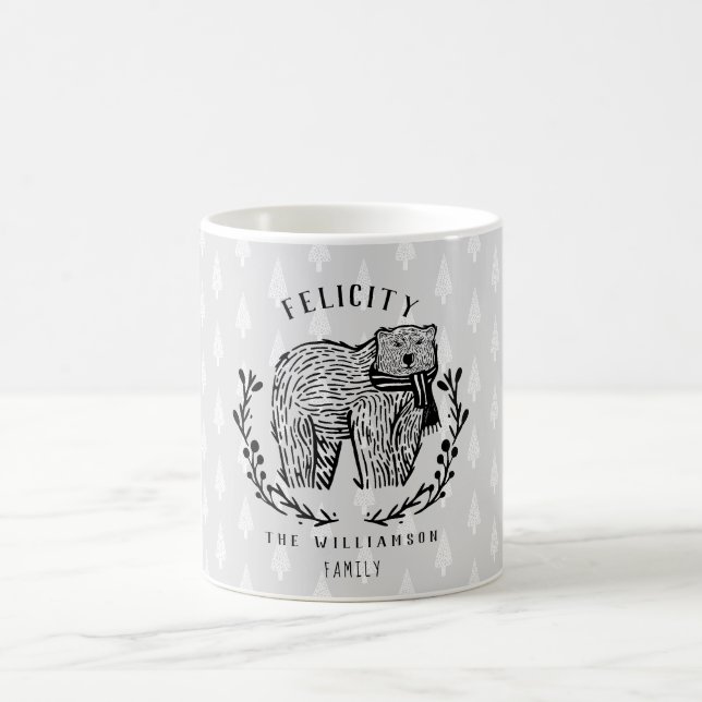 Festive Holiday Polar Bear Etching Family Monogram Coffee Mug (Center)