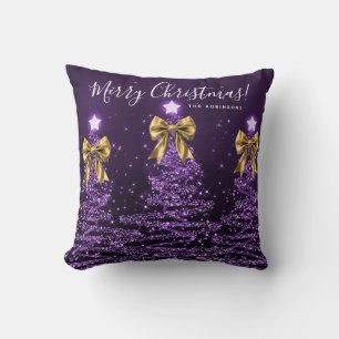 Festive Holiday Purple Christmas Trees Name Gold  Throw Pillow