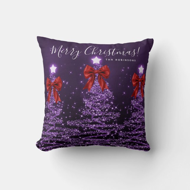 Festive Holiday Purple Christmas Trees Name Red  Throw Pillow (Front)