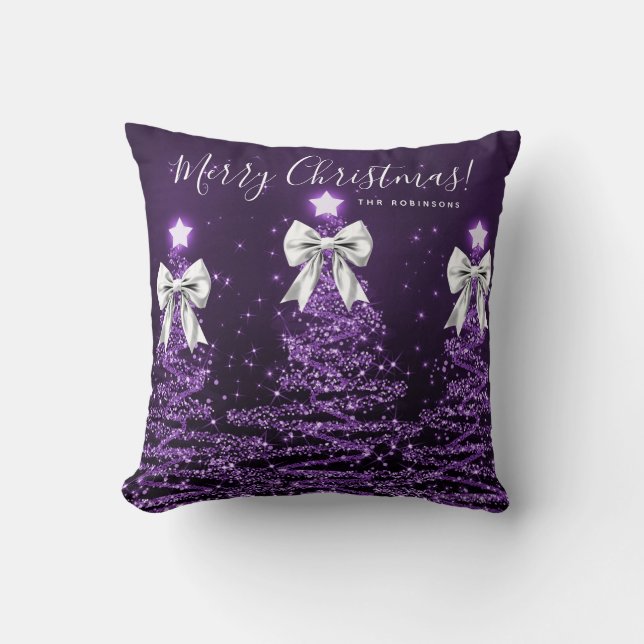 Festive Holiday Purple Christmas Trees Name Silver Throw Pillow (Front)