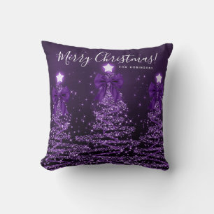 Festive Holiday Purple Christmas Trees Name Throw Pillow