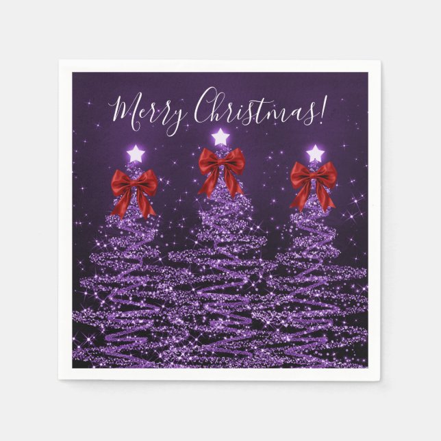 Festive Holiday Purple Christmas Trees Red Bows Napkin (Front)