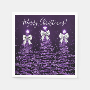 Festive Holiday Purple Christmas Trees Silver Bows Napkin