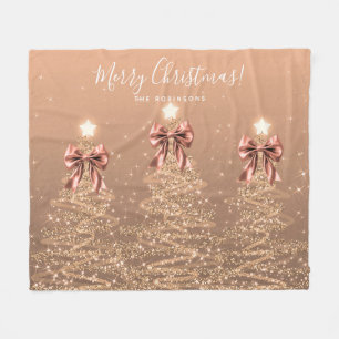 Festive Holiday Rose Gold Christmas Trees Bows Fleece Blanket