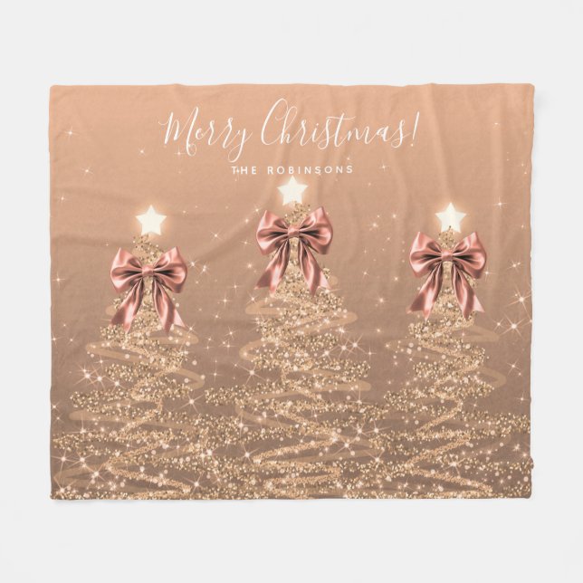 Festive Holiday Rose Gold Christmas Trees Bows Fleece Blanket (Front (Horizontal))