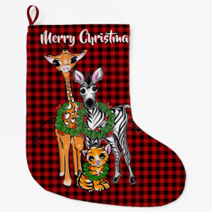 Festive Holiday safari friends, red black plaid  Large Christmas Stocking