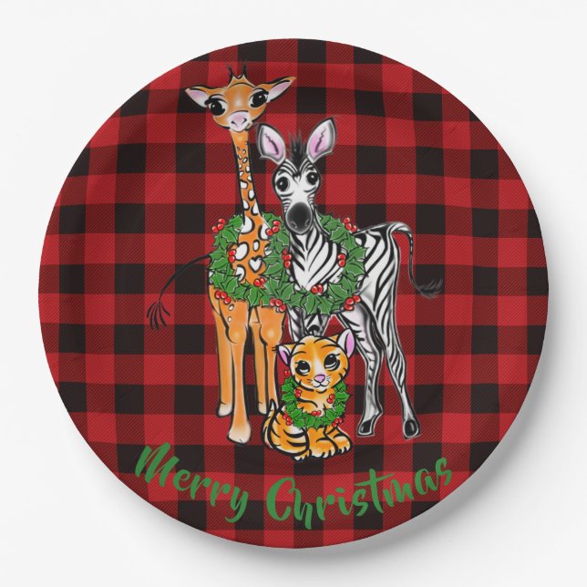 Festive Holiday safari friends, red black plaid    Paper Plate (Front)