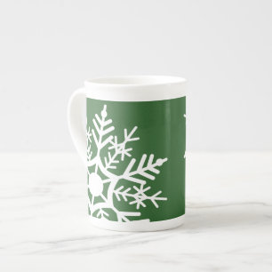 Festive Holiday Season White & Green Snow Stars Bone China Mug