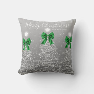 Festive Holiday Silver Christmas Trees Green Name Throw Pillow
