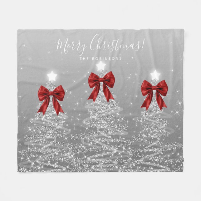 Festive Holiday Silver Christmas Trees Red Bows Fleece Blanket (Front (Horizontal))