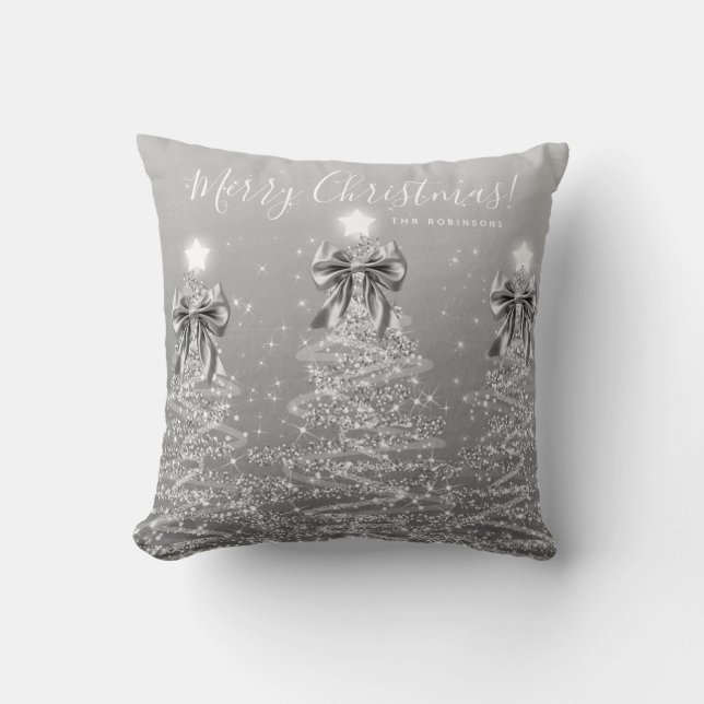 Festive Holiday Silver Christmas Trees w/ Name Throw Pillow (Front)
