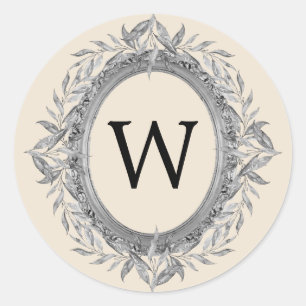 Festive Holiday Silver Grey Leaves Wreath Monogram Classic Round Sticker