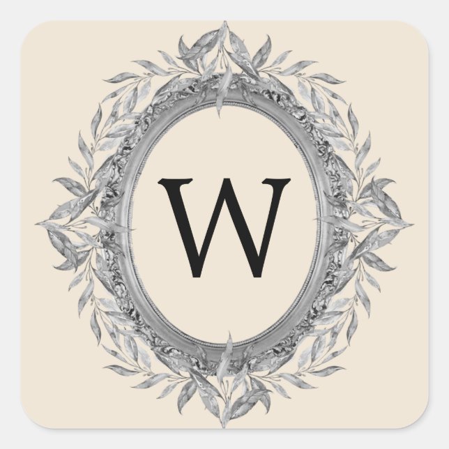 Festive Holiday Silver Grey Leaves Wreath Monogram Square Sticker (Front)