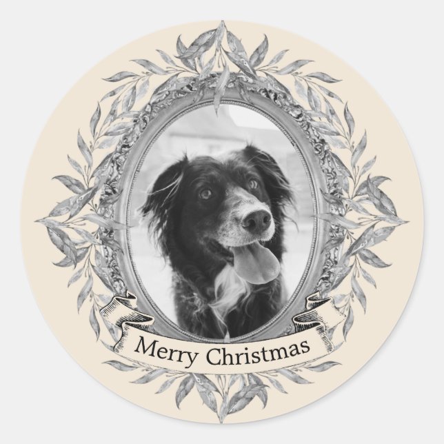 Festive Holiday Silver Grey Leaves Wreath Photo Classic Round Sticker (Front)