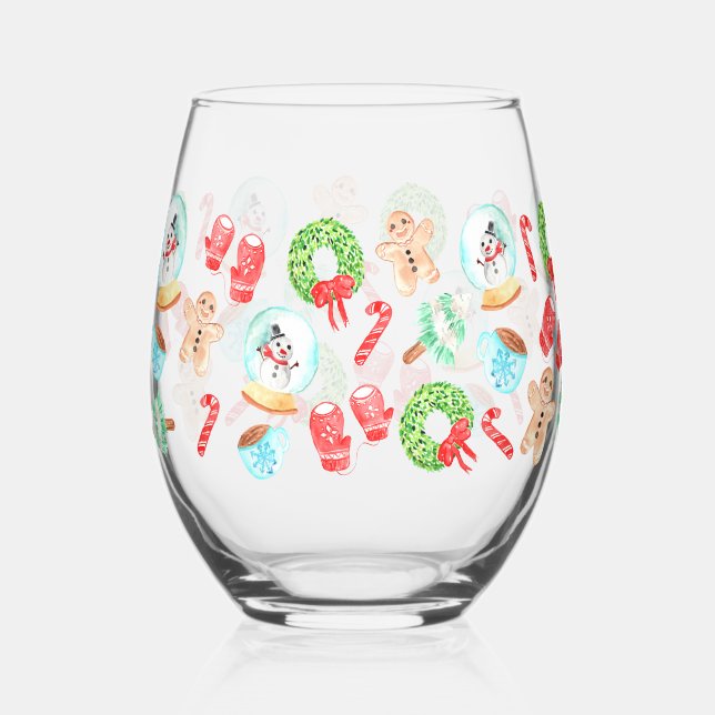 Festive Holiday Stemless Wine Glass (Front)