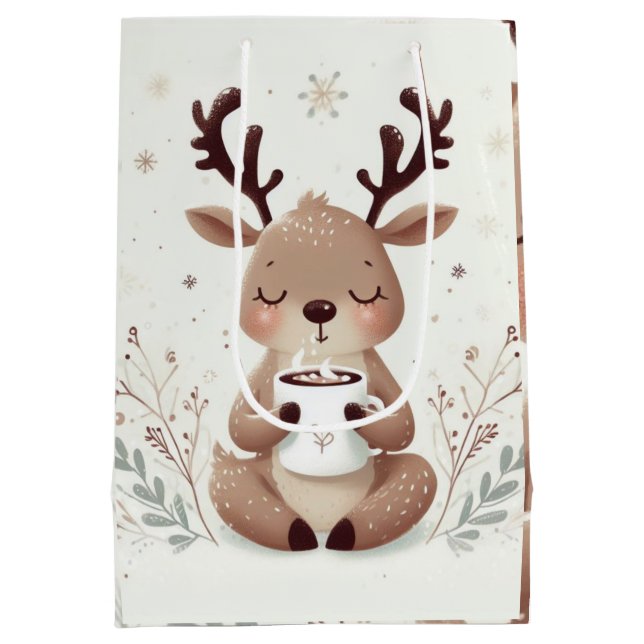 Festive Holiday Whimsical Reindeer Snowflake  Medium Gift Bag (Back)
