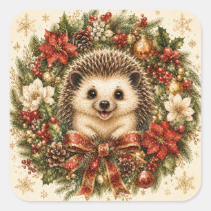 Festive Holiday Wreath Christmas Hedgehog Square Sticker