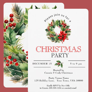 FESTIVE HOLIDAY WREATH, CHRISTMAS PARTY INVITATION
