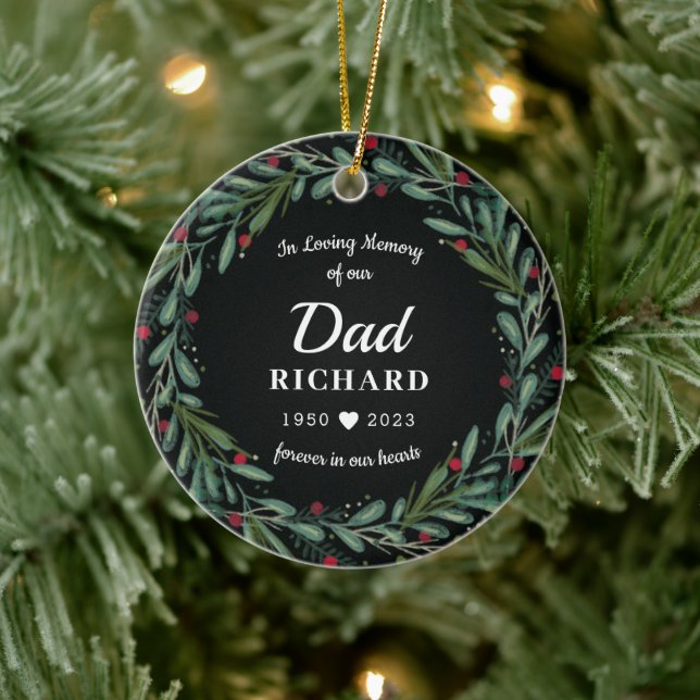Festive Holiday Wreath Dad Memorial Photo Back Ceramic Ornament (Tree)