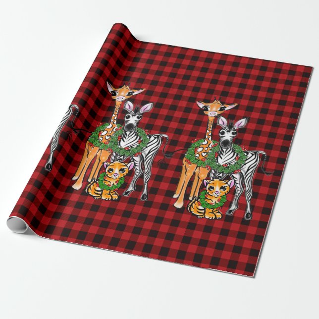 Festive Holiday Zebra, Giraffe, Tiger  Wrapping Paper (Unrolled)