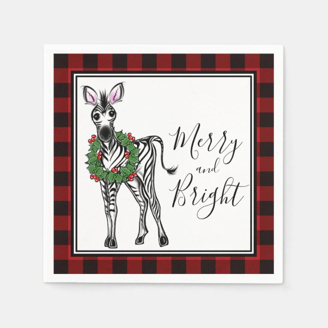 Festive Holiday Zebra Holly wreath buffalo plaid Napkin (Front)