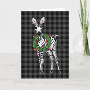 Festive Holiday Zebra Holly wreath, grey buffalo  Card