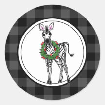 Festive Holiday Zebra, holly wreath, grey plaid 