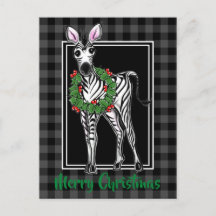 Festive Holiday Zebra Holly wreath, grey plaid 
