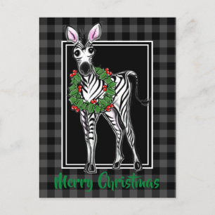 Festive Holiday Zebra Holly wreath, grey plaid Postcard