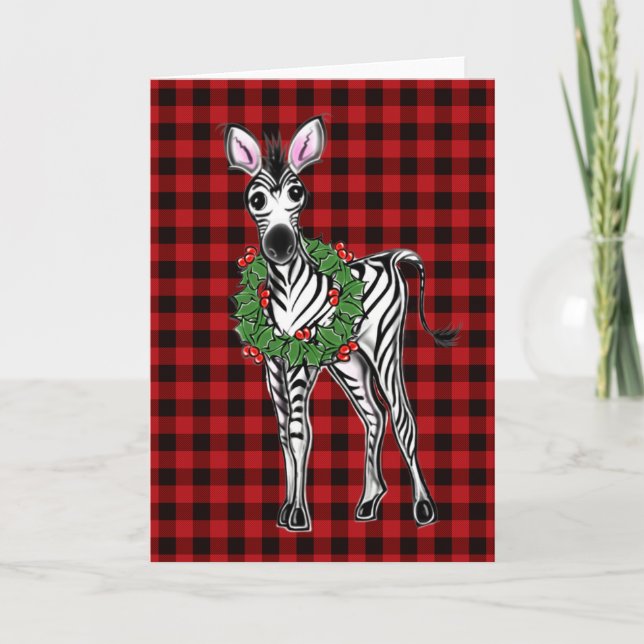 Festive Holiday Zebra Holly wreath | red buffalo   Card (Front)