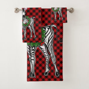 Festive Holiday Zebra illustration, Holly wreath Bath Towel Set