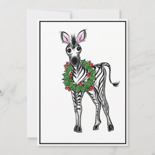 Festive Holiday Zebra Illustration, Holly wreath Card