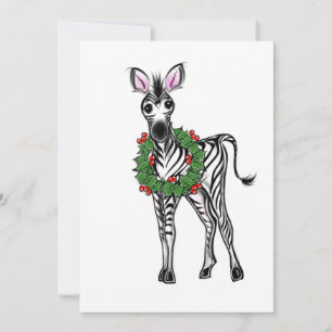 Festive Holiday Zebra Illustration, Holly wreath Card