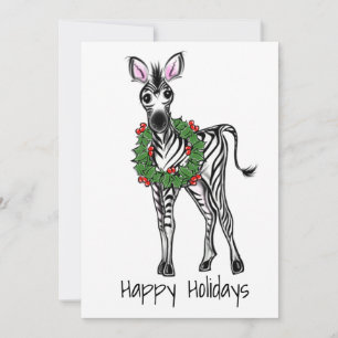 Festive Holiday Zebra Illustration, Holly wreath Card