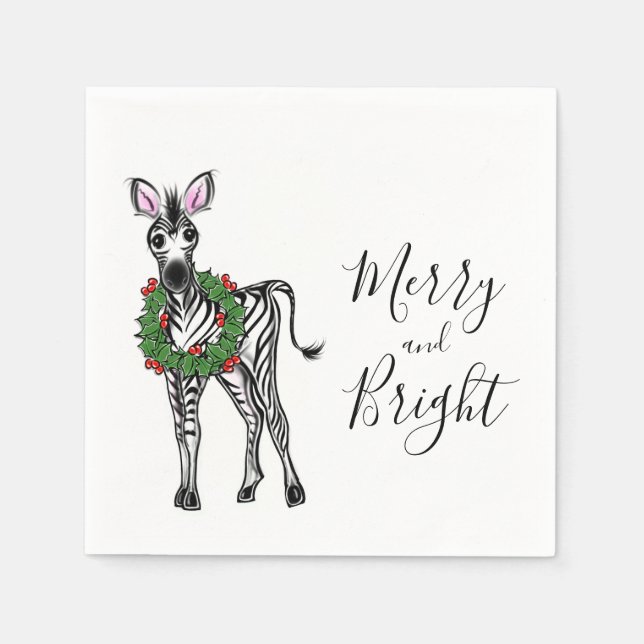 Festive Holiday Zebra illustration, Holly wreath Napkin (Front)
