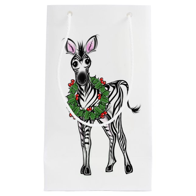 Festive Holiday Zebra illustration, Holly wreath Small Gift Bag (Front)