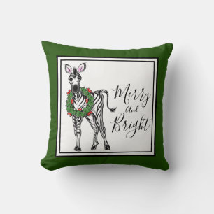 Festive Holiday Zebra illustration, Holly wreath Throw Pillow