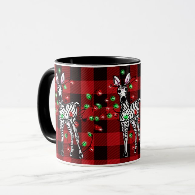 Festive Holiday Zebra red black plaid lights Mug (Front Left)