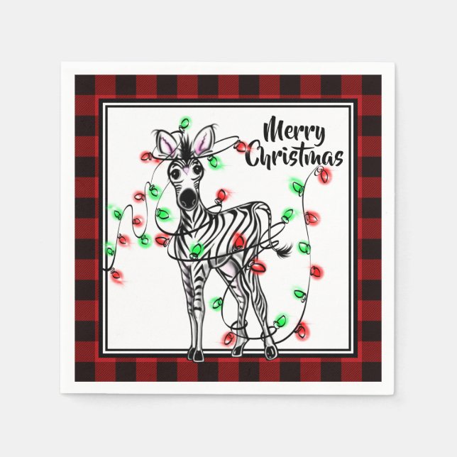 Festive Holiday Zebra red black plaid lights Napkin (Front)