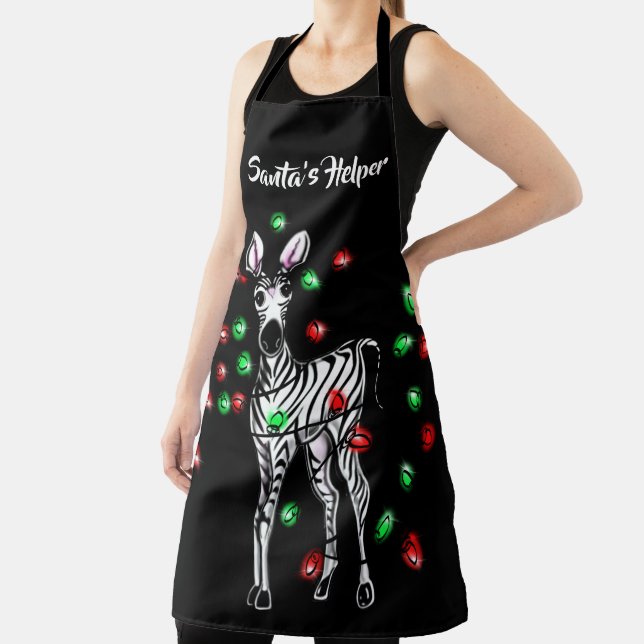 Festive Holiday Zebra, red green twinkle lights Apron (Insitu)