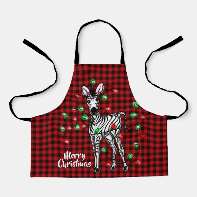 Festive Holiday Zebra, twinkle light buffalo plaid Apron (Front)