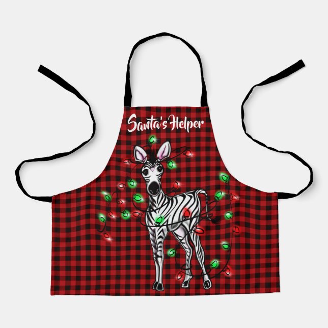 Festive Holiday Zebra, twinkle light buffalo plaid Apron (Front)