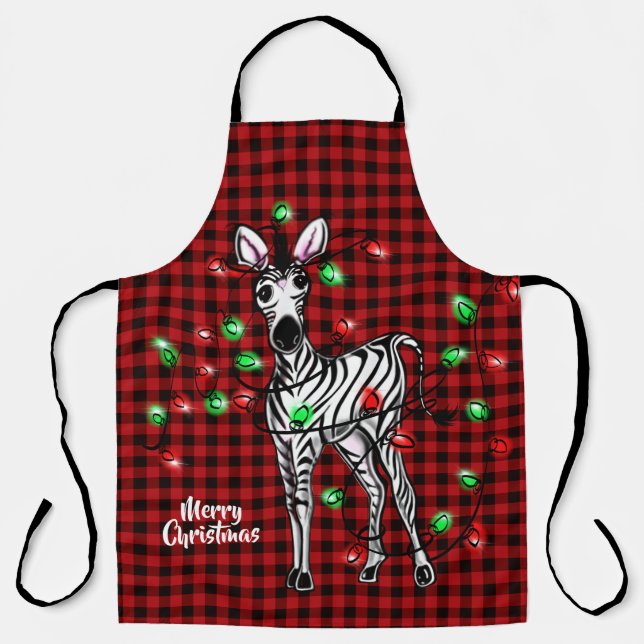 Festive Holiday Zebra, twinkle light buffalo plaid Apron (Front)