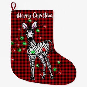 Festive Holiday Zebra, twinkle light buffalo plaid Large Christmas Stocking